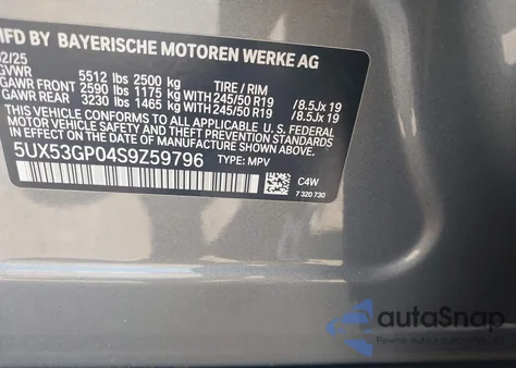 2025 BMW X3 30 xDrive z USA, uszkodzony, nr VIN 5UX53GP04S9Z59796